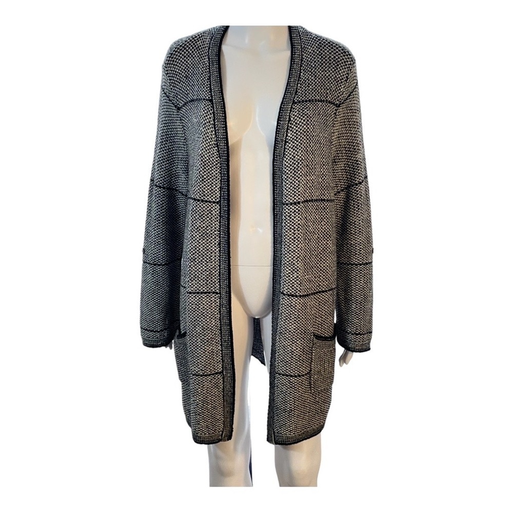 Chicos Black White Tweed Cotton Blend Open Front Tunic Cardigan Sweater Sz L/XL